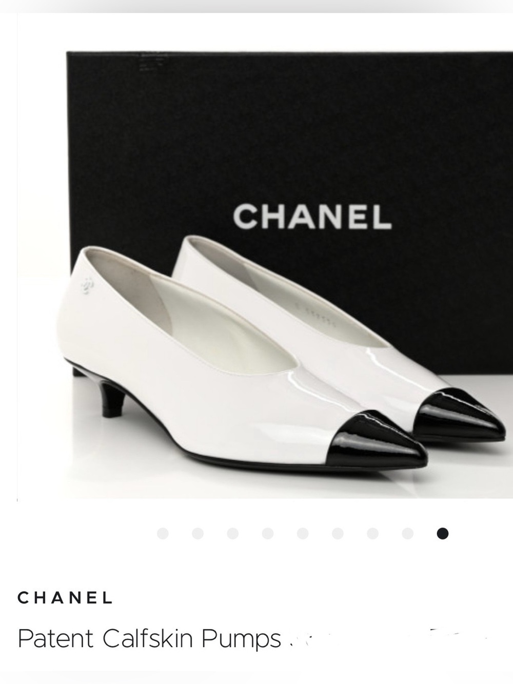 CHANEL White Patent Calfskin Flats with Black Cap Toe